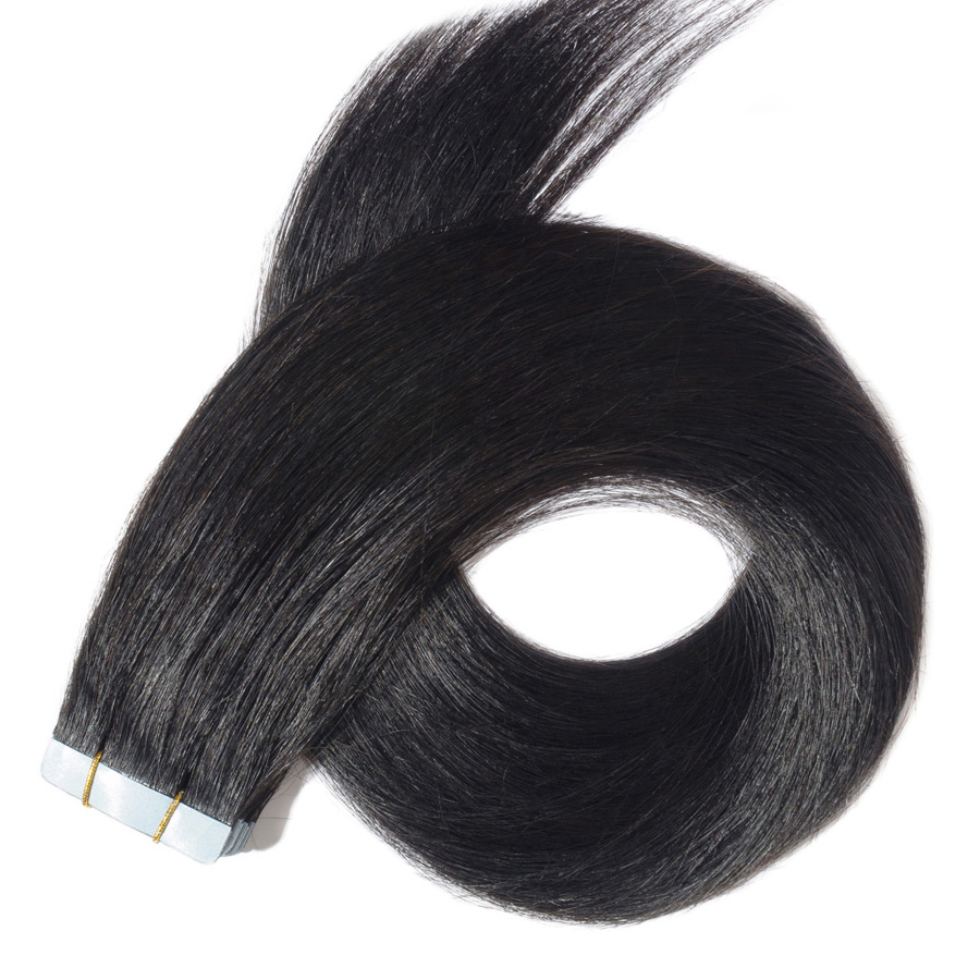 Remy Natural Hair Tape Extension "Black Single Drawn Straight/Light Wavy" (Inhalt 10 Stck.)